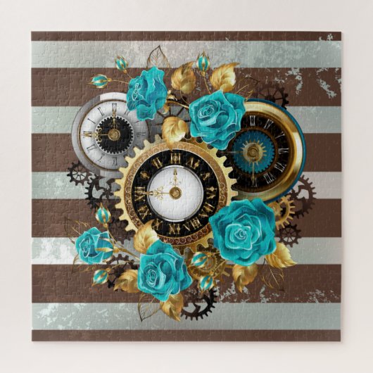 Steampunk Clock- en Turquoise-Rozen op gestreept Legpuzzel (Verticaal)