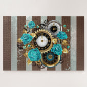 Steampunk Clock- en Turquoise-Rozen op gestreept Legpuzzel (Horizontaal)