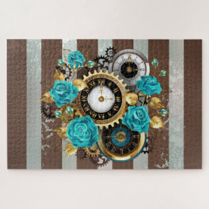 Steampunk Clock- en Turquoise-Rozen op gestreept Legpuzzel