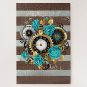 Steampunk Clock- en Turquoise-Rozen op gestreept Legpuzzel (Verticaal)