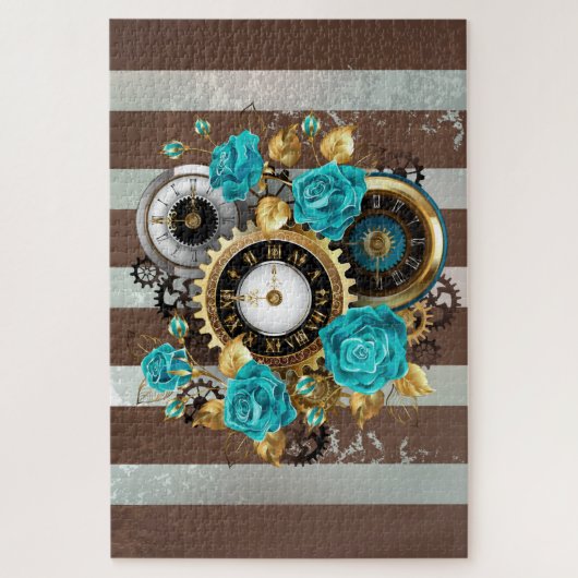 Steampunk Clock- en Turquoise-Rozen op gestreept Legpuzzel (Verticaal)