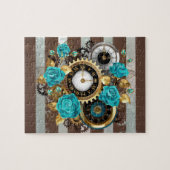 Steampunk Clock- en Turquoise-Rozen op gestreept Legpuzzel (Horizontaal)