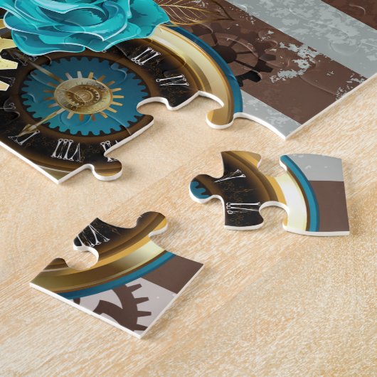Steampunk Clock- en Turquoise-Rozen op gestreept Legpuzzel (Zijkant)
