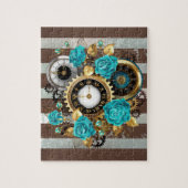 Steampunk Clock- en Turquoise-Rozen op gestreept Legpuzzel (Verticaal)