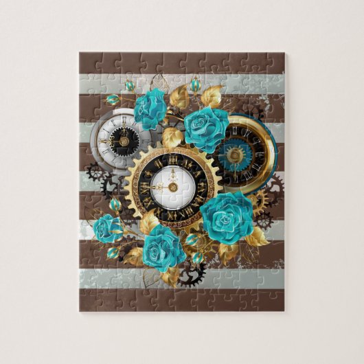 Steampunk Clock- en Turquoise-Rozen op gestreept Legpuzzel (Verticaal)