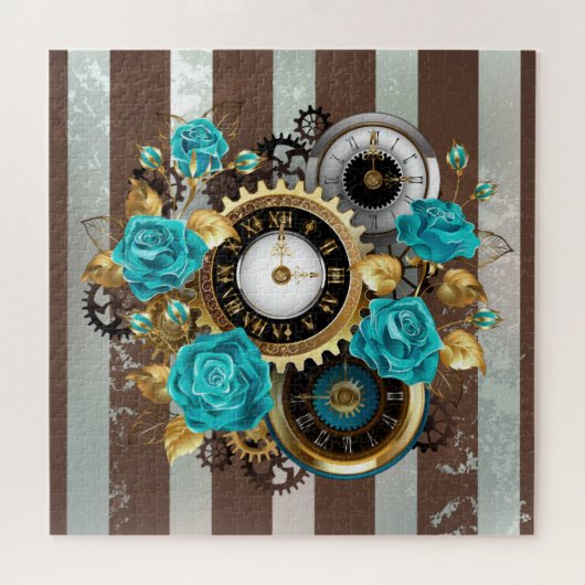 Steampunk Clock- en Turquoise-Rozen op gestreept Legpuzzel (Horizontaal)