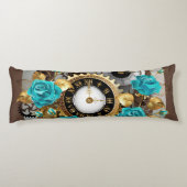Steampunk Clock- en Turquoise-Rozen op gestreept Lichaamskussen (Achterkant)