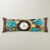 Steampunk Clock- en Turquoise-Rozen op gestreept Lichaamskussen (Voorkant)