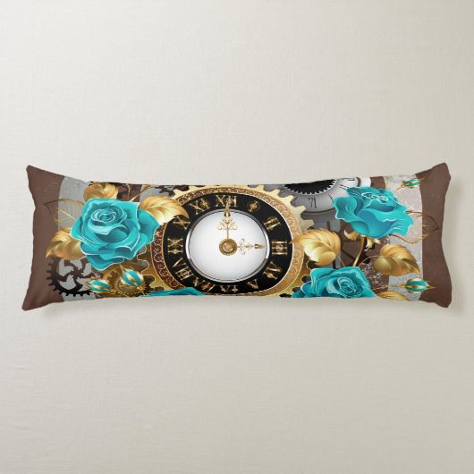 Steampunk Clock- en Turquoise-Rozen op gestreept Lichaamskussen (Voorkant)