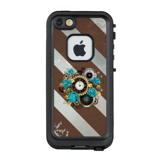 Steampunk Clock- en Turquoise-Rozen op gestreept LifeProof iPhone Hoesje (Achterkant)