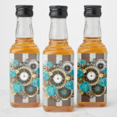 Steampunk Clock- en Turquoise-Rozen op gestreept Likeurfles Etiket (Flessen)