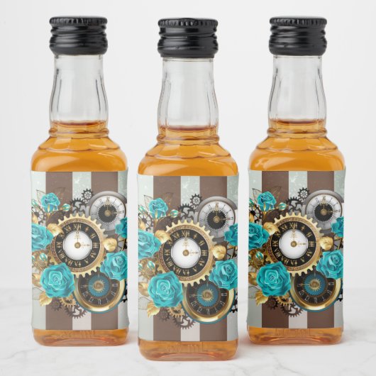 Steampunk Clock- en Turquoise-Rozen op gestreept Likeurfles Etiket (Flessen)