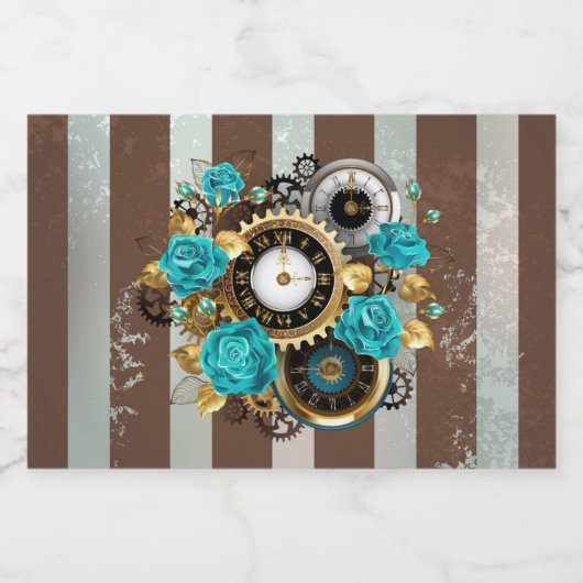 Steampunk Clock- en Turquoise-Rozen op gestreept Likeurfles Etiket (Enkel label)