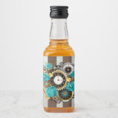 Steampunk Clock- en Turquoise-Rozen op gestreept Likeurfles Etiket (Voorkant)