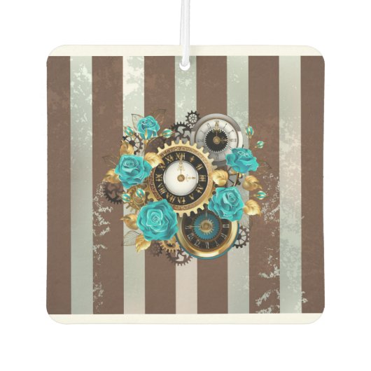 Steampunk Clock- en Turquoise-Rozen op gestreept Luchtverfrisser (Voorkant)