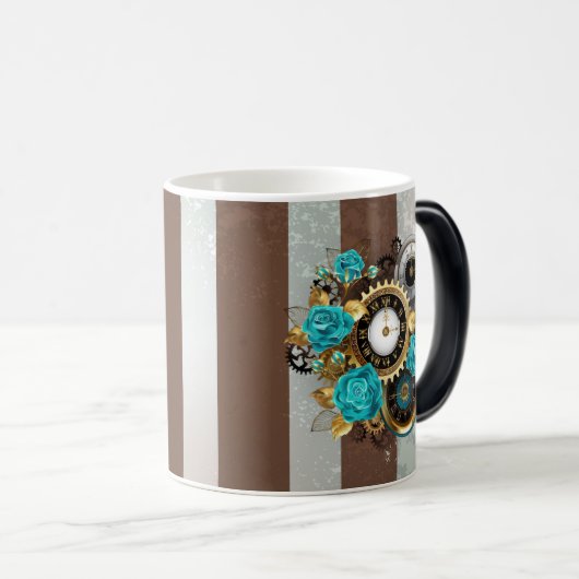 Steampunk Clock- en Turquoise-Rozen op gestreept Magische Mok (Voorkant rechts)