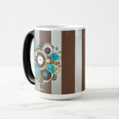 Steampunk Clock- en Turquoise-Rozen op gestreept Magische Mok (Voorkant links)