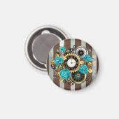 Steampunk Clock- en Turquoise-Rozen op gestreept Magneet (Voorkant / Achterkant)