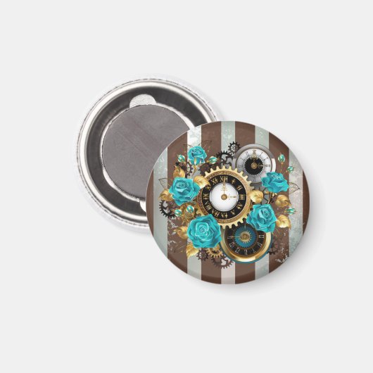 Steampunk Clock- en Turquoise-Rozen op gestreept Magneet (Voorkant / Achterkant)
