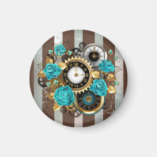 Steampunk Clock- en Turquoise-Rozen op gestreept Magneet