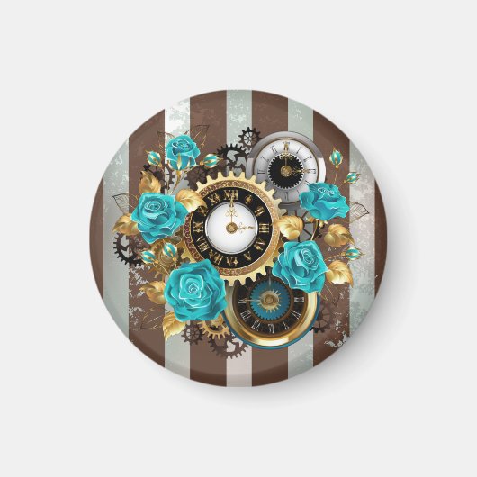 Steampunk Clock- en Turquoise-Rozen op gestreept Magneet (Voorkant)
