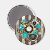 Steampunk Clock- en Turquoise-Rozen op gestreept Magneet (Voorkant / Achterkant)