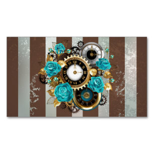 Steampunk Clock- en Turquoise-Rozen op gestreept Magnetisch Visitekaartje