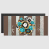 Steampunk Clock- en Turquoise-Rozen op gestreept Magnetische Uitnodiging (Voorkant / Achterkant)