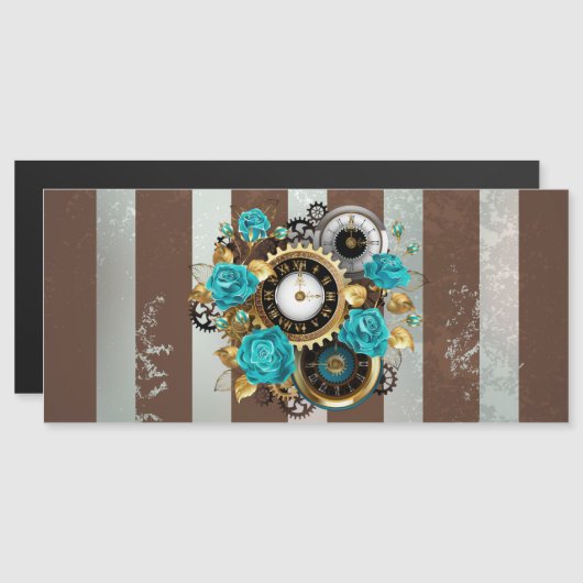 Steampunk Clock- en Turquoise-Rozen op gestreept Magnetische Uitnodiging (Voorkant / Achterkant)