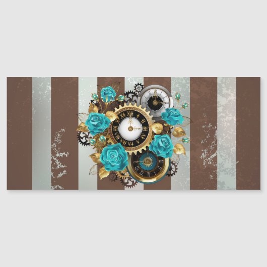 Steampunk Clock- en Turquoise-Rozen op gestreept Magnetische Uitnodiging (Voorkant)
