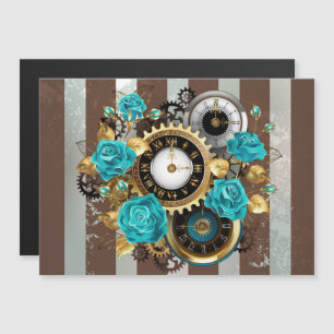 Steampunk Clock- en Turquoise-Rozen op gestreept Magnetische Uitnodiging
