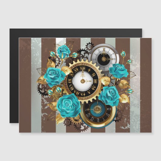 Steampunk Clock- en Turquoise-Rozen op gestreept Magnetische Uitnodiging (Voorkant / Achterkant)