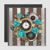 Steampunk Clock- en Turquoise-Rozen op gestreept Magnetische Uitnodiging (Voorkant / Achterkant)