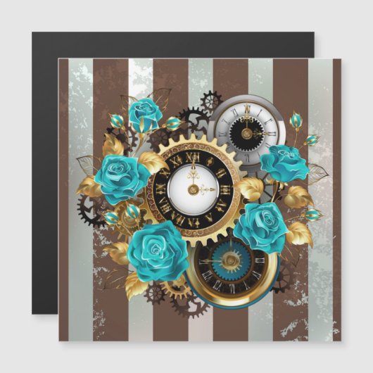 Steampunk Clock- en Turquoise-Rozen op gestreept Magnetische Uitnodiging (Voorkant / Achterkant)