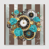 Steampunk Clock- en Turquoise-Rozen op gestreept Magnetische Uitnodiging (Voorkant)