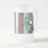 Steampunk Clock- en Turquoise-Rozen op gestreept Matglas Bierpul (Voorkant rechts)