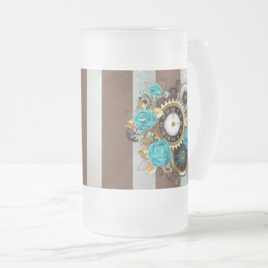 Steampunk Clock- en Turquoise-Rozen op gestreept Matglas Bierpul (Voorkant rechts)
