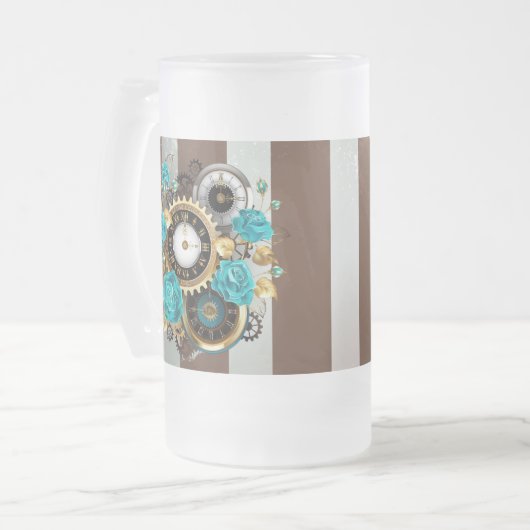 Steampunk Clock- en Turquoise-Rozen op gestreept Matglas Bierpul (Voorkant links)