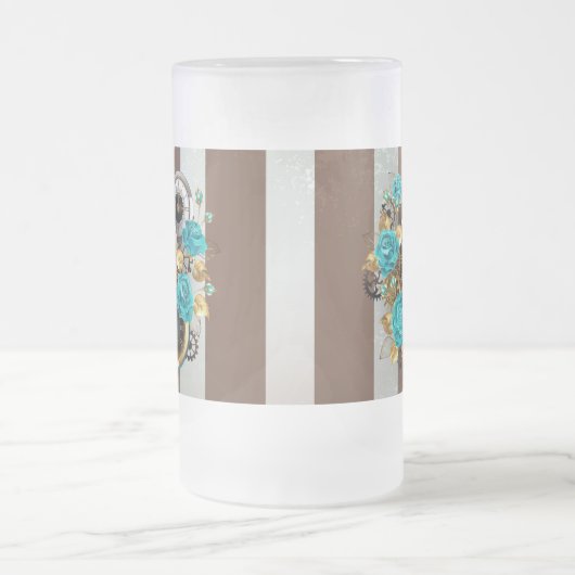 Steampunk Clock- en Turquoise-Rozen op gestreept Matglas Bierpul (Center)