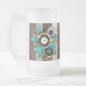 Steampunk Clock- en Turquoise-Rozen op gestreept Matglas Bierpul (Links)