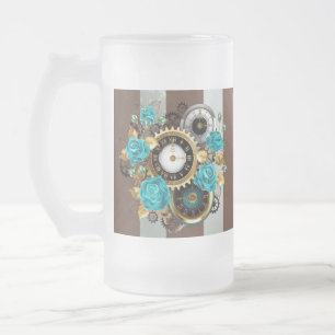 Steampunk Clock- en Turquoise-Rozen op gestreept Matglas Bierpul