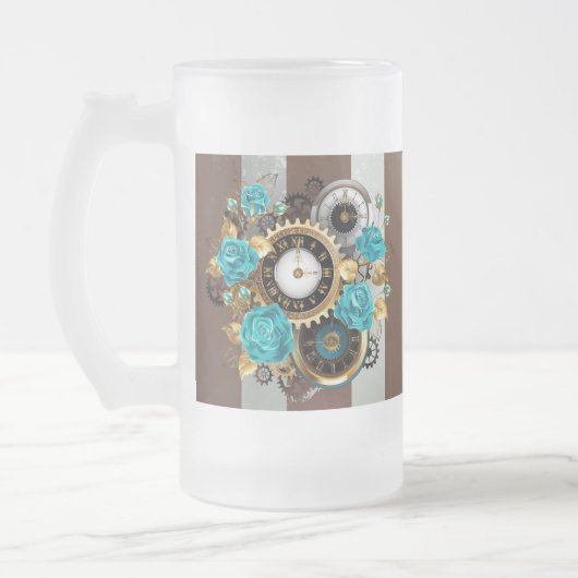 Steampunk Clock- en Turquoise-Rozen op gestreept Matglas Bierpul (Links)