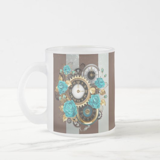Steampunk Clock- en Turquoise-Rozen op gestreept Matglas Koffiemok (Links)