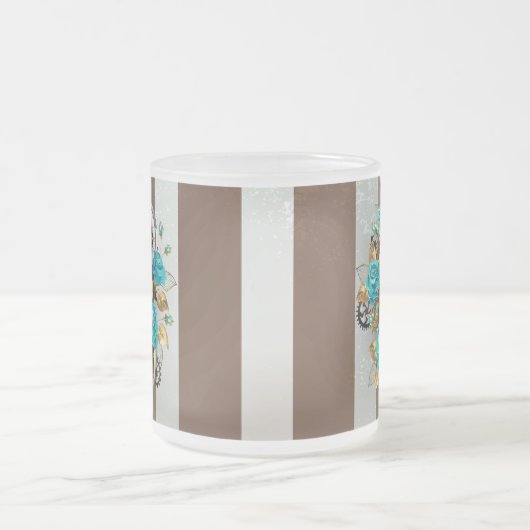 Steampunk Clock- en Turquoise-Rozen op gestreept Matglas Koffiemok (Center)