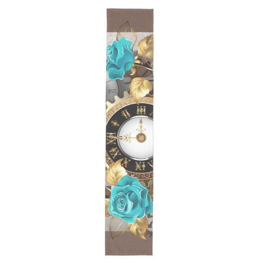 Steampunk Clock- en Turquoise-Rozen op gestreept Medium Tafelloper (Voorkant)