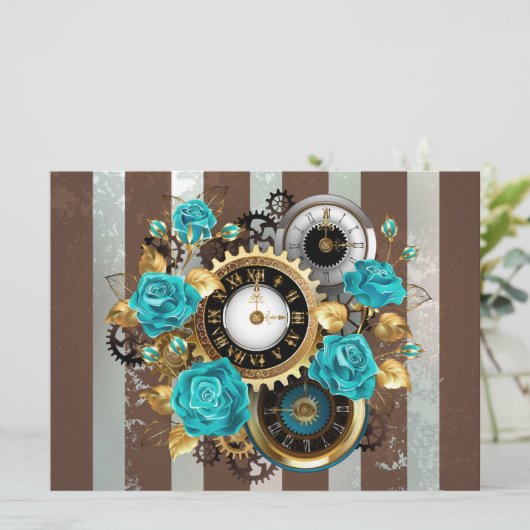 Steampunk Clock- en Turquoise-Rozen op gestreept Menu (Staand voorkant)
