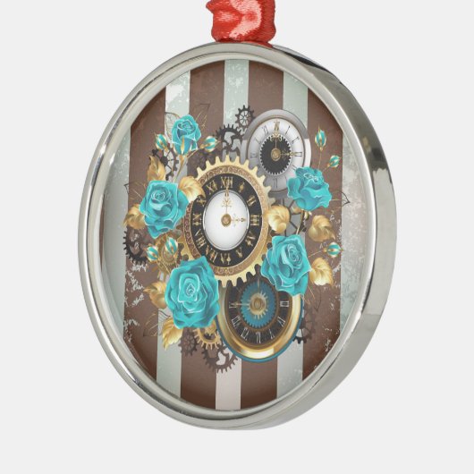 Steampunk Clock- en Turquoise-Rozen op gestreept Metalen Ornament (Links)