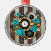 Steampunk Clock- en Turquoise-Rozen op gestreept Metalen Ornament (Voorkant)