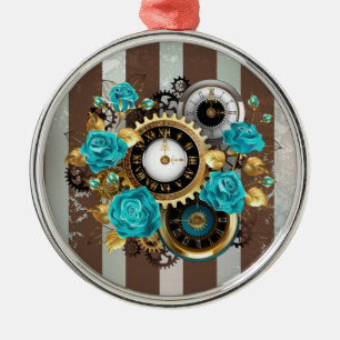 Steampunk Clock- en Turquoise-Rozen op gestreept Metalen Ornament