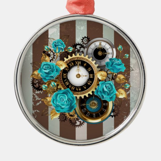 Steampunk Clock- en Turquoise-Rozen op gestreept Metalen Ornament (Voorkant)